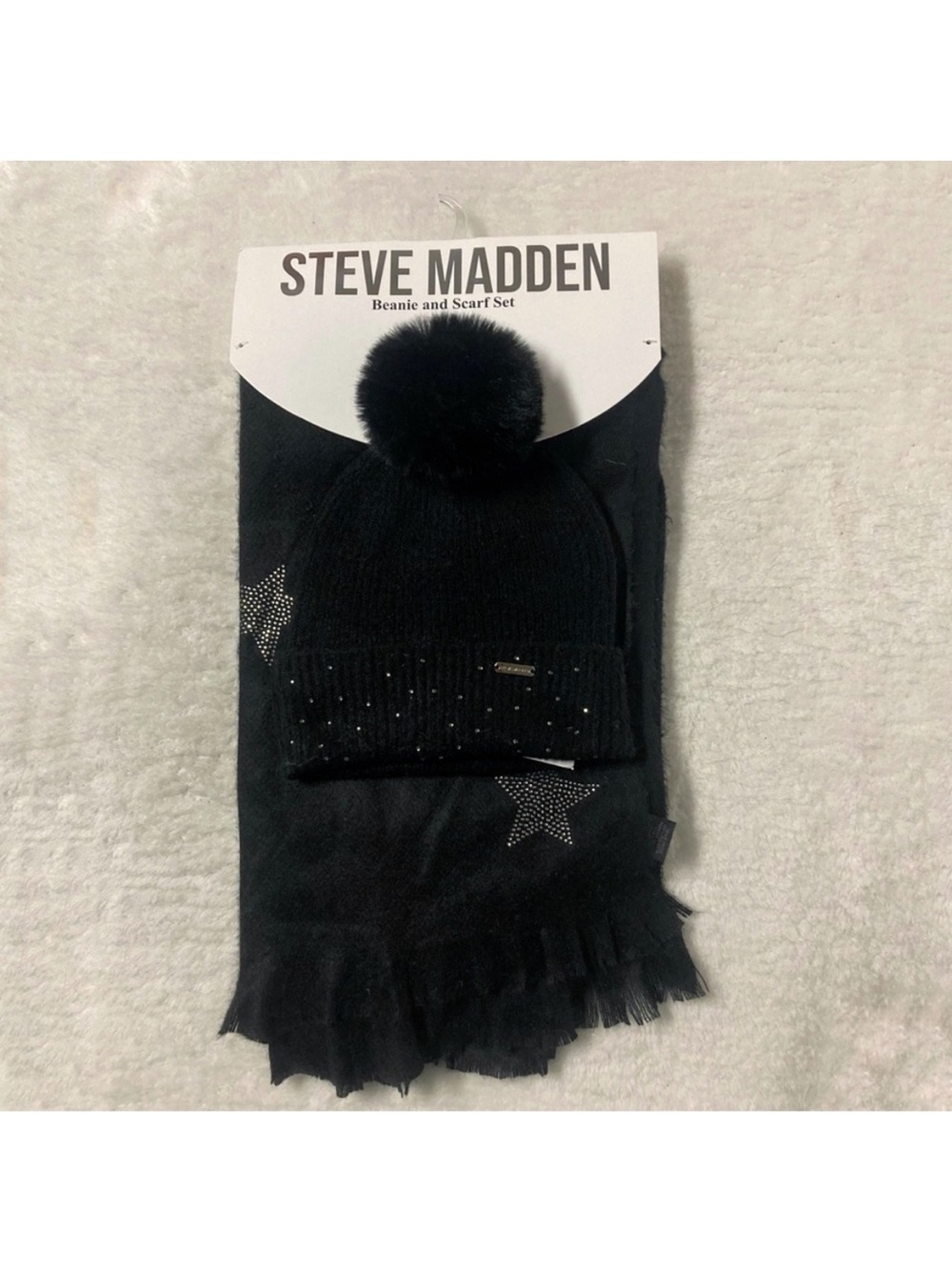Steve Madden Toque and Scarf Set Black New Rhinestone Star